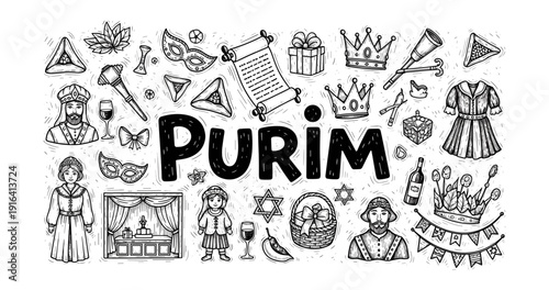 Purim celebration doodles with masks, scroll, and symbols in black and white