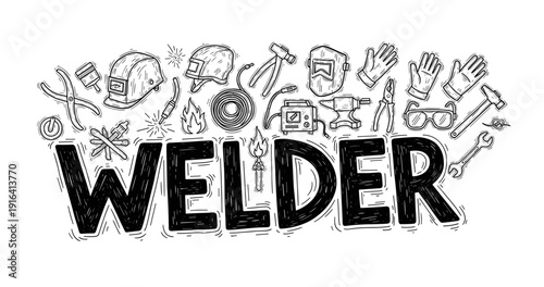 Welder tools and equipment illustration featuring gloves, helmet, and wrench
