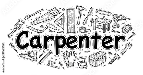 Carpenter tools illustration: workshop essentials in black and white design