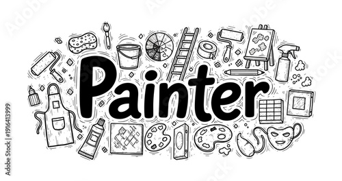 Artistic tools and equipment surrounding bold painter text in black and white sketch style design