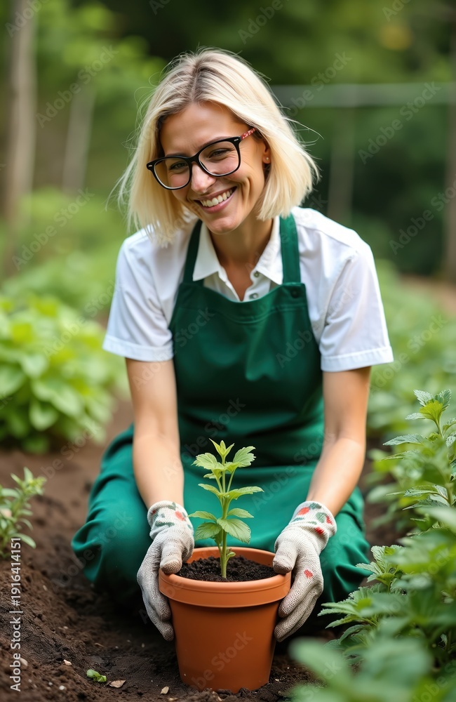 Fototapeta premium Woman with glasses in green apron plants seedling in pot. She smiles, wearing gardening gloves in soil. Person cares for small green plant, enjoys hobby outside.