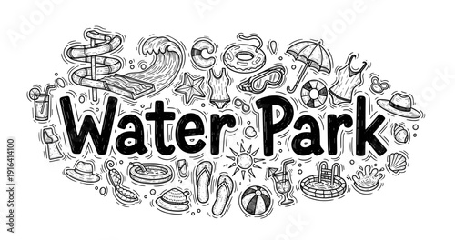 Playful water park illustrations with waves, slides, and summer fun icons