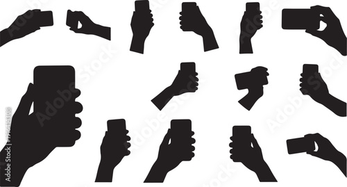 Collection of black hand silhouettes holding mobile phones variously