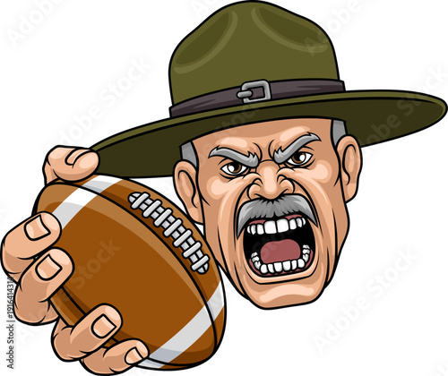 An angry drill instructor or sergeant bootcamp army soldier cartoon character holding American Football ball sports team mascot illustration.