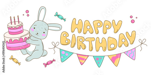 Birthday Invitation Template with Cute Rabbit, Garland and Cake. Hand Drawn Vector Card