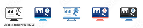 Modern desktop monitor icon displaying comprehensive digital business intelligence and data analytics, featuring financial growth charts, market research, and performance metrics for strategic insight