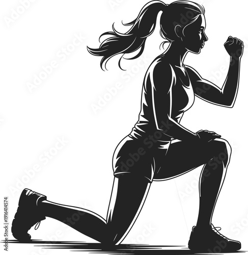 Black, and, white, vector, silhouette, of, a, fit, woman, performing, lunges, exercise, lunge, pose, fitness, training, workout, gym, athlete, wellness