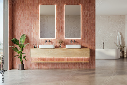 Bathroom interior with luxury freestanding bathtub and double vanity 3d render