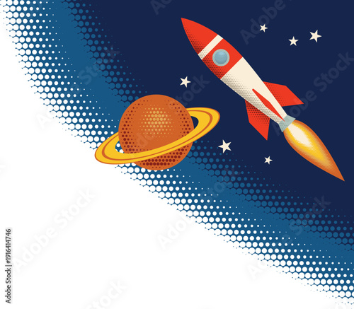 Retro vintage halftone dots illustration of a rocket space ship flying in outer space. Corner border frame header design element.