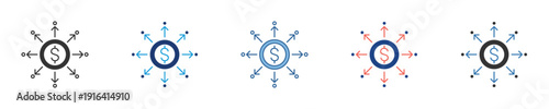 Versatile concept icons depicting financial flow, money transactions, income, and expenses, with dynamic arrows symbolizing economic distribution and collection processes for business