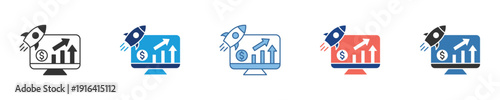 Comprehensive set of vector icons illustrating digital business growth, startup launch, and data analytics on a monitor, symbolizing online success and innovation