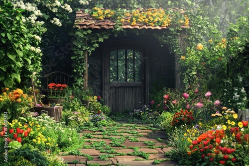 Colorful garden pathway leads to a quaint wooden door surrounded by vibrant flowers