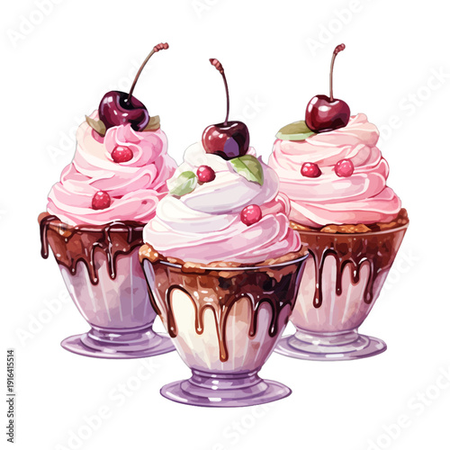 Watercolor Illustration of Three Pink Ice Cream Sundaes with Chocolate and Cherries
