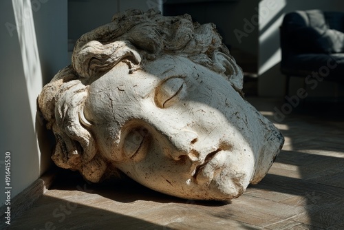 Wallpaper Mural Sculptural antique head pillow in calm minimalist interior. Generative AI Torontodigital.ca