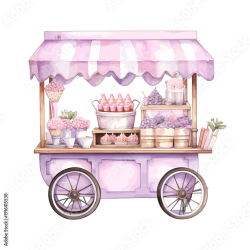 Watercolor Illustration of a Purple Dessert Cart with Pink Cupcakes and Flowers