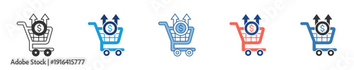 Collection of diverse shopping cart icons featuring integrated clock and arrow elements, symbolizing efficient online purchasing, fast delivery, and time-sensitive retail experiences