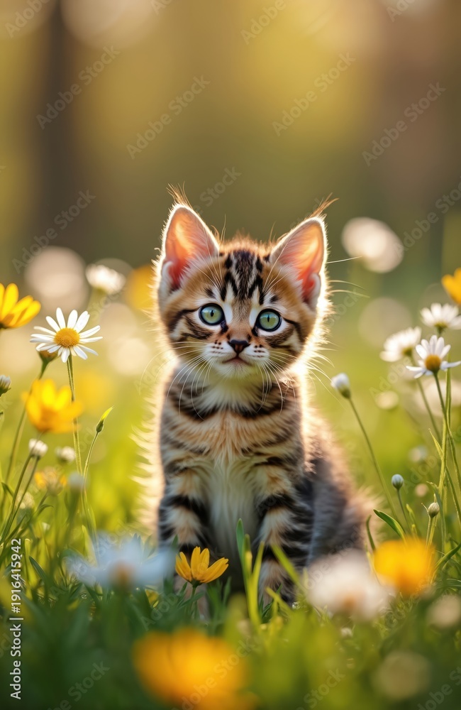 Obraz premium Small tabby kitten sits in vibrant spring meadow with blooming daisies and yellow flowers. Golden hour sunlight illuminates cute young cat exploring nature, peaceful animal portrait.
