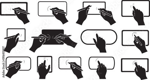 Hand gestures and touchscreen interactions in black silhouette style