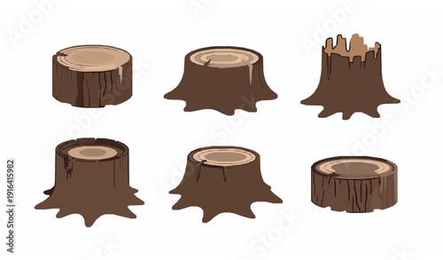 Vector set of tree stumps with varied textures and flat design