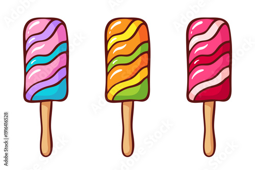 Cartoon multicolor ice lolly or ice cream on stick, hand drawn illustration isolated on white. Colorful drawing striped popsicle or orange and strawberry fruit ice. Vector clipart.