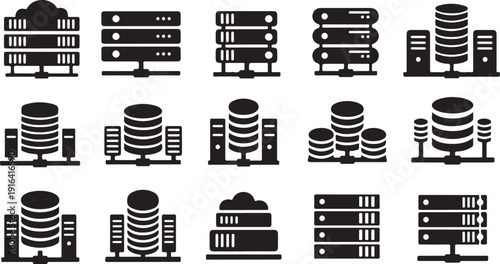 Collection of server and database storage icons in black