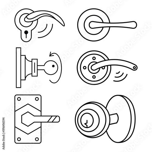 Elegant collection of door handles and locks in modern line art style