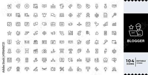 Blogger icons set. Includes icons for writing, post, comment, share, media, pen, article, blog tools, and online publishing. Editable stroke. Line icons. Perfect for infographics.