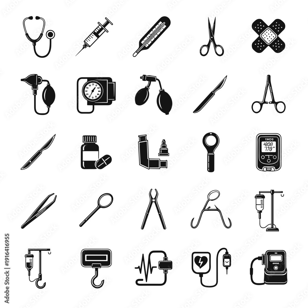 Fototapeta premium A comprehensive collection of black and white medical tools and equipment icons, including surgical instruments and diagnostic devices.