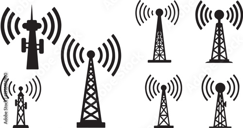Cell towers broadcasting signals in black and white illustration