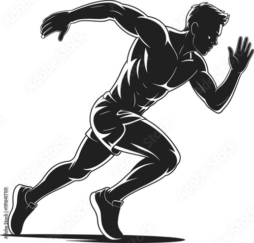 Powerful black and white silhouette of a muscular male athlete sprinting, dynamic running pose, fitness vector illustration, sports training, energetic movement