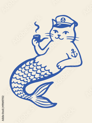 Cat mermaid sailor with pipe naive line art vector illustration