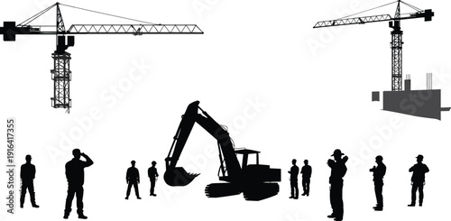 Silhouette construction site with tower cranes, excavator, and workers teamwork illustration, industrial building development machinery and labor force concept for infrastructure projects and 