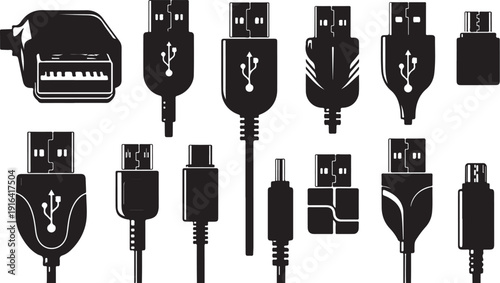 Various USB connectors and cables on a white background