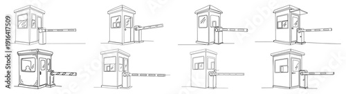 Set of security guard booths and parking gate barriers in minimalist continuous line art style