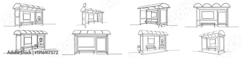 Collection of modern bus stop shelters and transit station designs in minimalist continuous line style