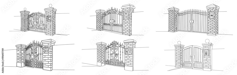 Obraz premium Collection of minimalist line art sketches featuring various wrought iron entrance gates with brick pillars