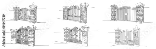 Collection of minimalist line art sketches featuring various wrought iron entrance gates with brick pillars