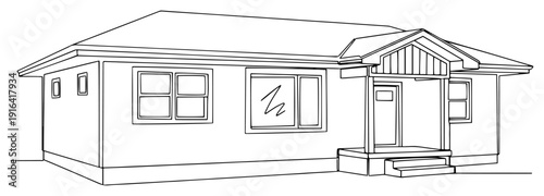Detailed architectural line drawing of a modern one story suburban house with an entry porch