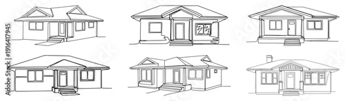 Collection of minimalist line art sketches featuring different suburban bungalow house designs
