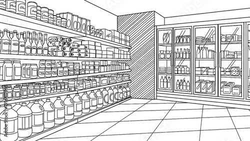 Black and white line drawing of a grocery store aisle with shelves stocked with bottles, jars, and boxes. Refrigerators are on the right, creating a clean, organized look.
