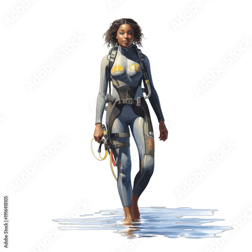 Elegant African American Female Scuba Diver Illustration, Black Woman in Professional Grey Wetsuit with Diving Gear Walking in Water, Nautical Clipart
