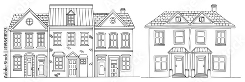 Detailed architectural line drawing of classic townhouses and traditional semi detached houses with gabled roofs