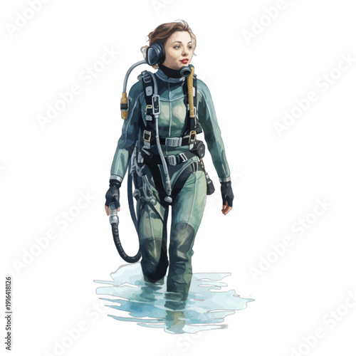 Elegant Female Scuba Diver Illustration, Woman in Professional Teal Wetsuit and Diving Gear Walking through Water, Nautical Watercolor Clipart
