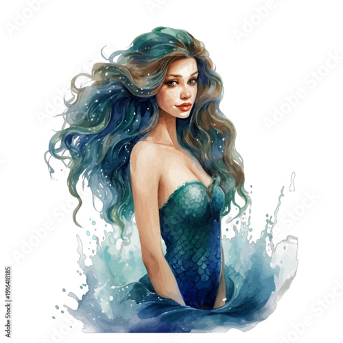Beautiful Watercolor Mermaid Clipart with Flowing Blue Hair and Teal Scales, Enchanted Sea Maiden Illustration for Nautical and Fantasy Designs
