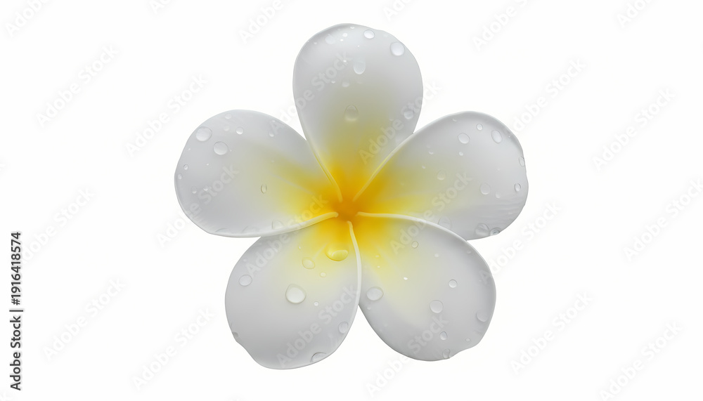 Fototapeta premium Elegant White Plumeria Flower with Dew Drops on White Background.