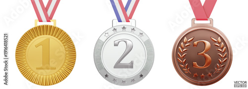 Set of 1st, 2nd, and 3rd place medals isoled on white background. Gold, silver, and bronze medals. 3D vector illustration.