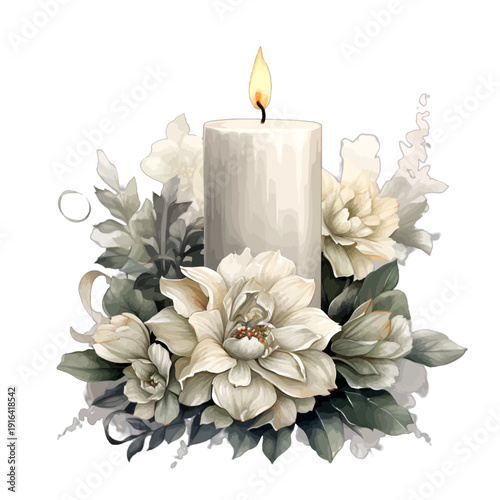 Elegant Watercolor White Pillar Candle with Lush Floral Arrangement, Romantic Lighted Candle with Roses and Greenery Clipart for Weddings and Memorials