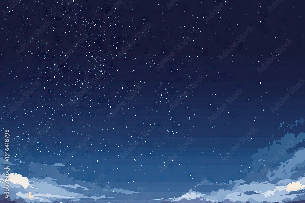 Fototapeta premium Night sky starry landscape illustration with clouds and celestial elements
