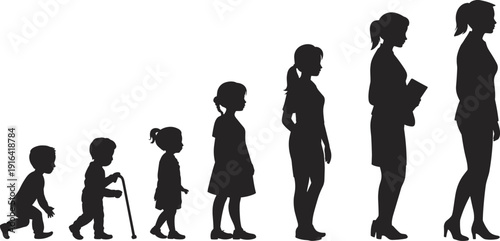 Female life stages silhouettes from childhood to adulthood growth progression education career isolated on white background stock illustration concept