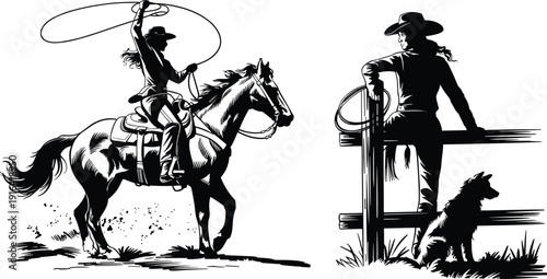 Western cowboy silhouette with galloping horse and lasso, rancher leaning on fence with rope and dog, rural countryside lifestyle illustration of ranching, horsemanship, and western adventure themes